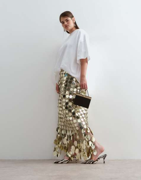 ARRANGE Curve futurist sequin fringe hem midi skirt in gold - view 1