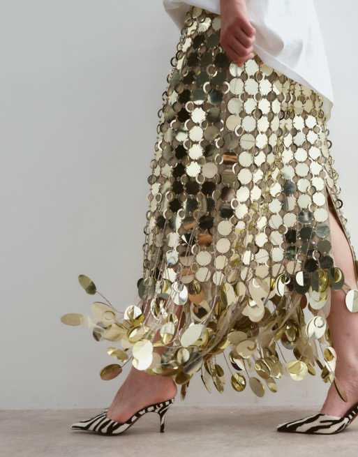 ARRANGE Curve futurist sequin fringe hem midi skirt in gold, 2 of 5