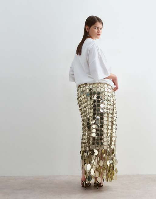 ARRANGE Curve futurist sequin fringe hem midi skirt in gold, 3 of 5