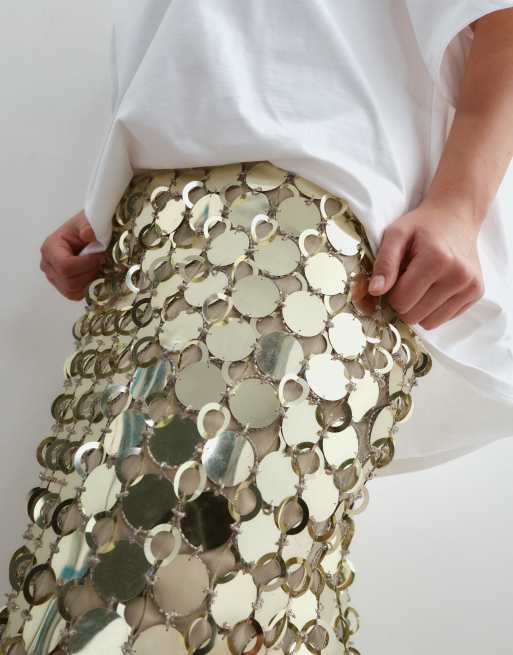 ARRANGE Curve futurist sequin fringe hem midi skirt in gold, 4 of 5