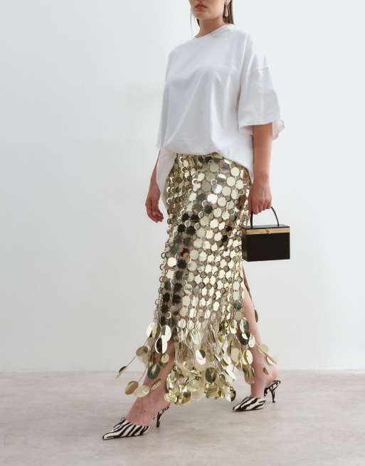 ARRANGE Curve futurist sequin fringe hem midi skirt in gold, 5 of 5