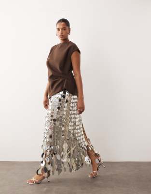 ARRANGE ARRANGE Curve futurist sequin fringe hem midi skirt in silver