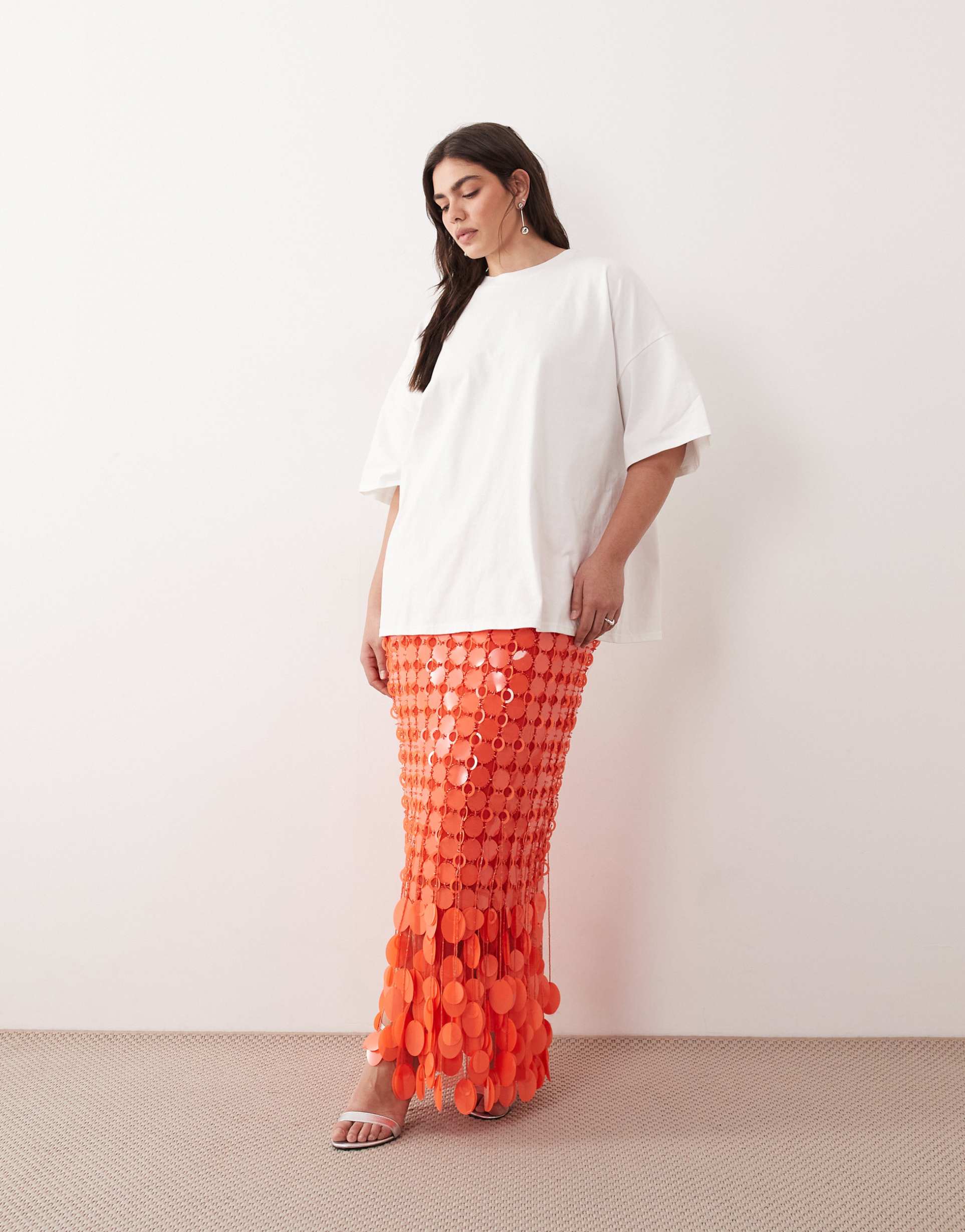 arrange curve futurist sequin fringe hem midi skirt in tomato