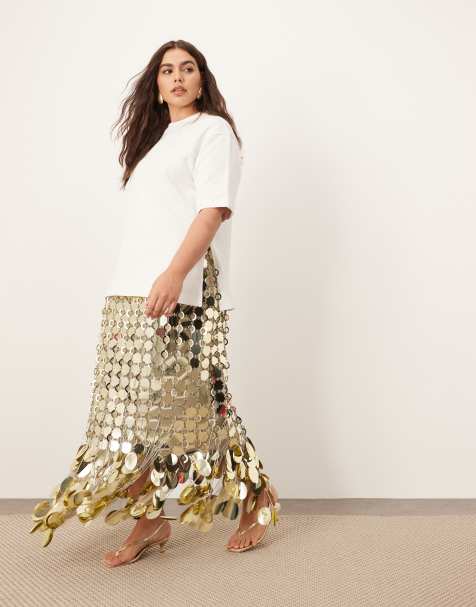 ARRANGE Curve futurist sequin embellished fringe hem midi skirt in gold