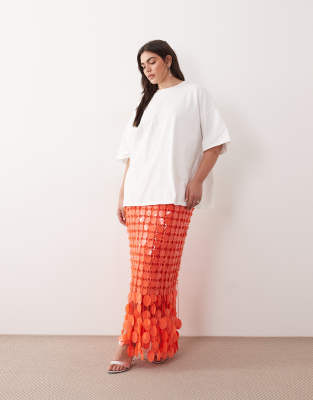 Curve - Futuristischer Midirock in Tomatenrot mit Paillettenbesatz und Fransensaum-Orange Orange 52