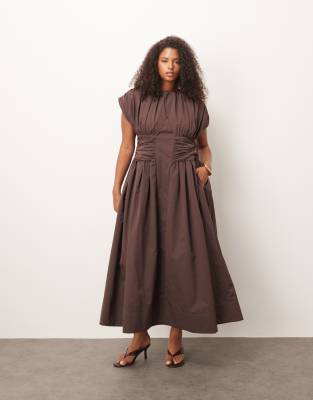 Arrange Curve Gathered Cinched Full Skirt Maxi Dress In Brown