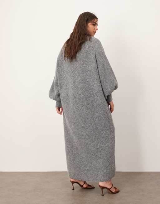 ARRANGE Curve - Gebreide midi jurk met ballonmouwen en knoopsluiting in grijs, 3 van 4