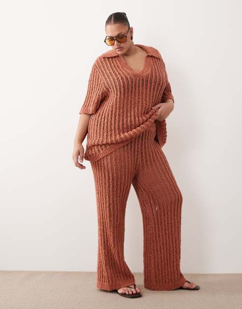 ARRANGE Curve - Gehaakte broek met rechte pijpen in terracotta, deel van co-ord set - view 1