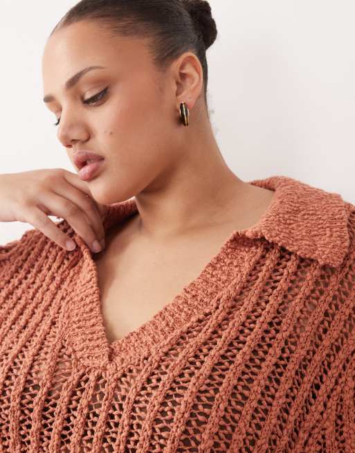 ARRANGE - Curve - Gehaakte top met kraagje in terracotta, deel van co-ord set, 3 van 4