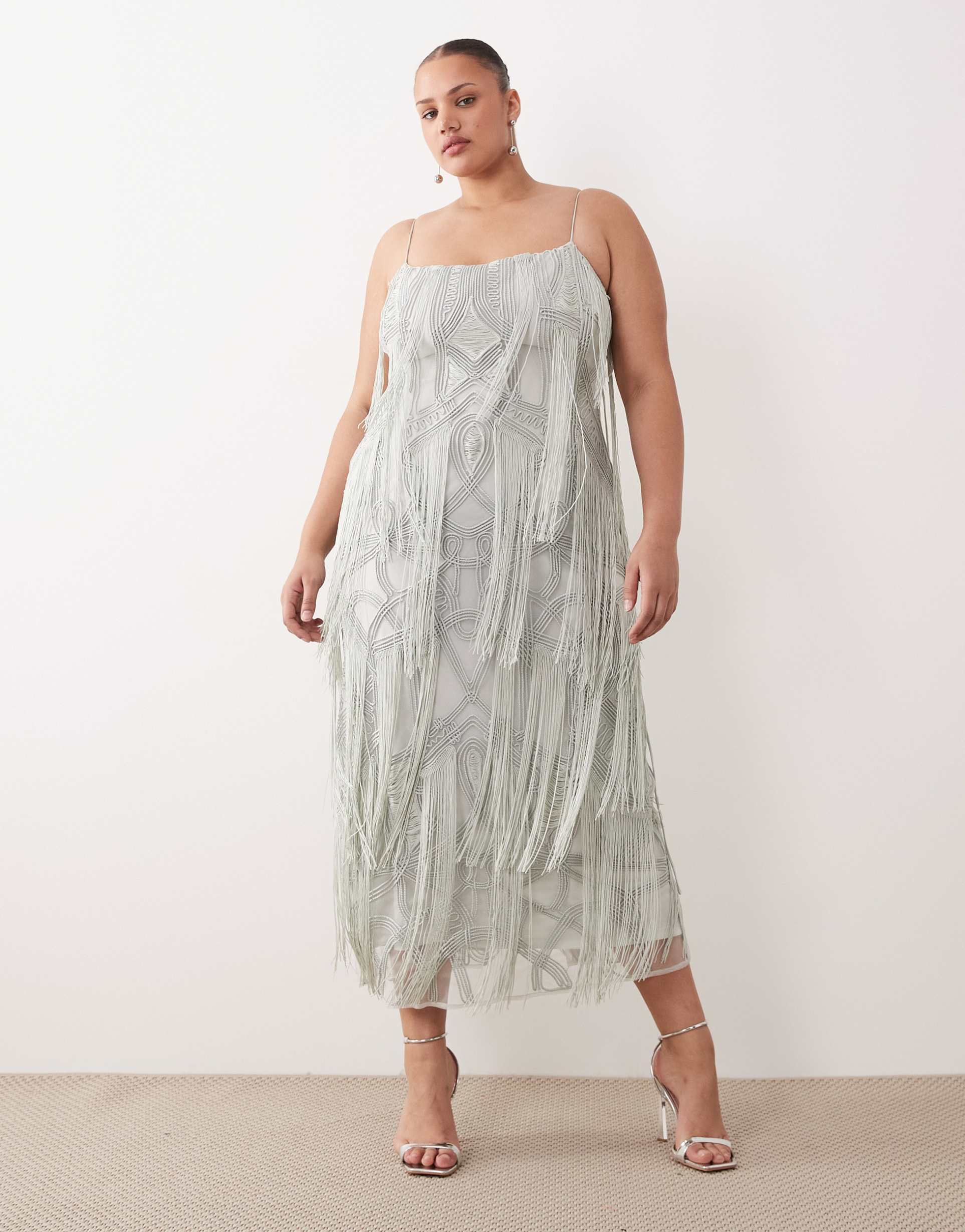 arrange curve geo fringe cami column maxi dress in dusky blue