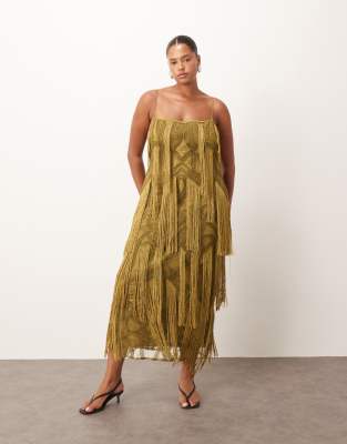 Arrange Curve Geo Fringe Cami Column Maxi Dress In Green