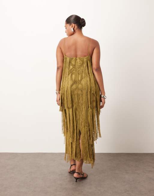 ARRANGE Curve geo fringe cami column maxi dress in moss green