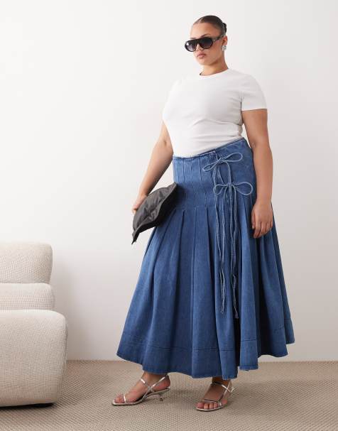 ARRANGE Curve - Geplooide denim midi rok met strikdetail in blauw - view 1