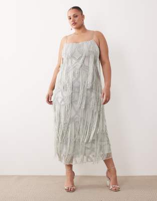 Curve - Gerade geschnittenes Camisole-Maxikleid in gedecktem Blau mit Fransen Blau 52