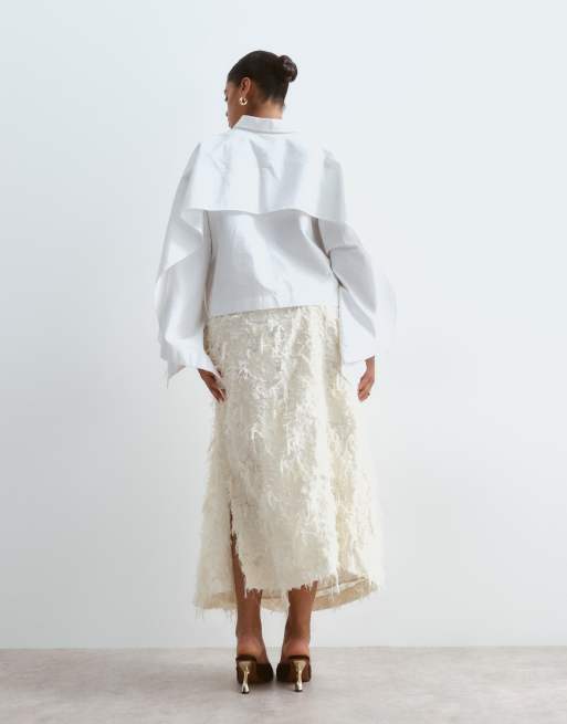 ARRANGE Curve gestructureerde midi-rok met geplooide taille in crème jacquard met textuur, 5 van 5