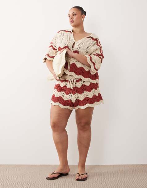 ARRANGE Curve – Häkel-Shorts mit Streifen in Rostrot und Beige, Kombiteil - view 1