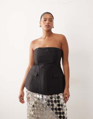 Arrange Curve Heavy Bonded Satin Sculpted Bandeau Top In Black