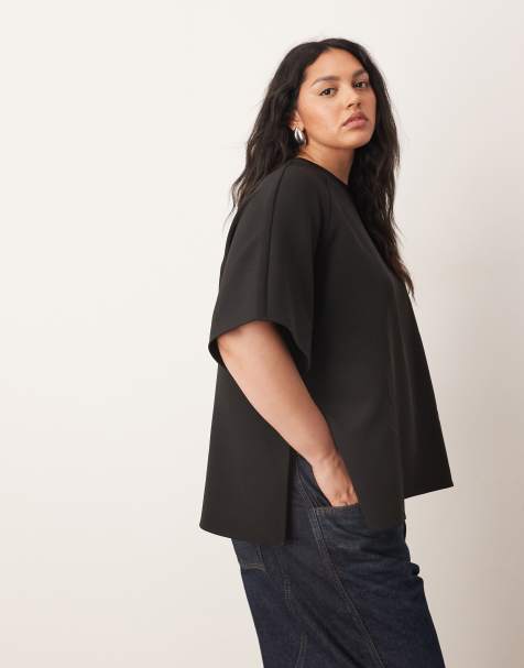 ARRANGE Curve heavy crepe T-shirt with ribbed neck trim in black - view 1