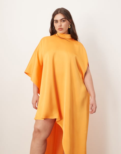 ARRANGE Curve high neck cape sleeve mini dress with asymmetric hem in bright apricot