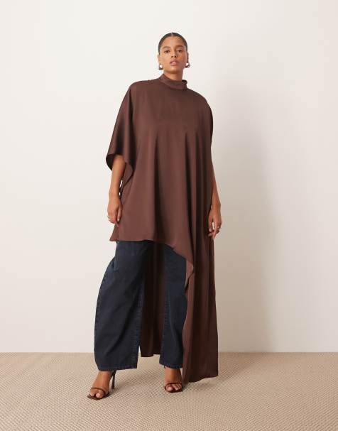 ARRANGE Curve high neck cape sleeve mini dress with asymmetric hem in chocolate - view 1