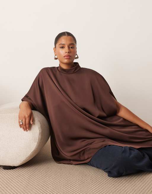 ARRANGE Curve high neck cape sleeve mini dress with asymmetric hem in chocolate, 2 of 4