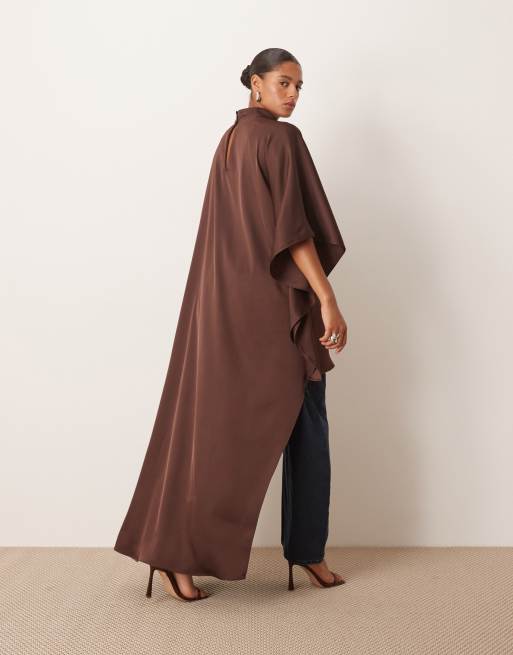 ARRANGE Curve high neck cape sleeve mini dress with asymmetric hem in chocolate, 3 of 4