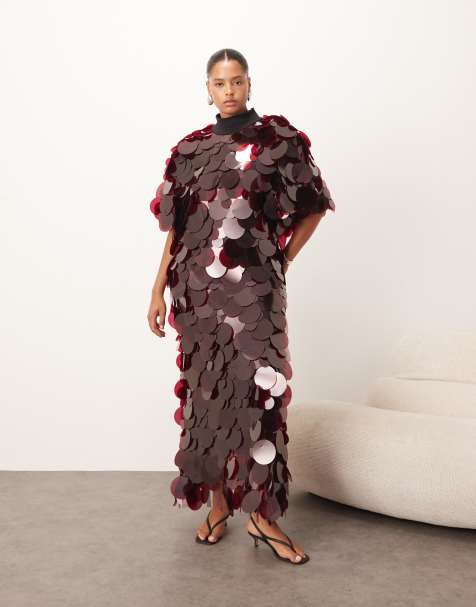  ARRANGE Curve high neck disc sequin fringe hem maxi dress in merlot - view 1