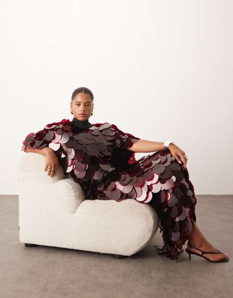 ARRANGE Curve high neck disc sequin fringe hem maxi dress in merlot - view 1