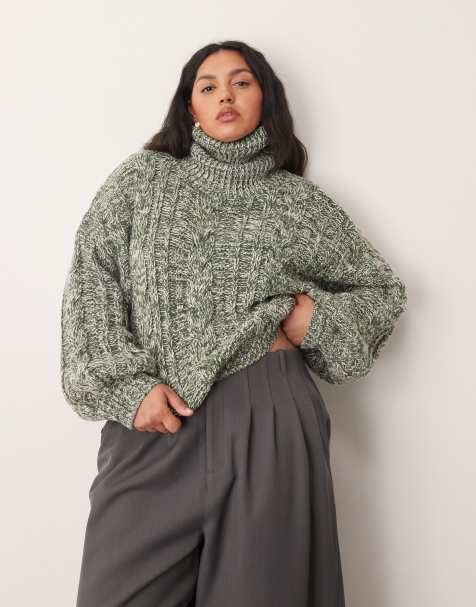 ARRANGE Curve high neck twist yarn cable sweater in green and cream - view 1