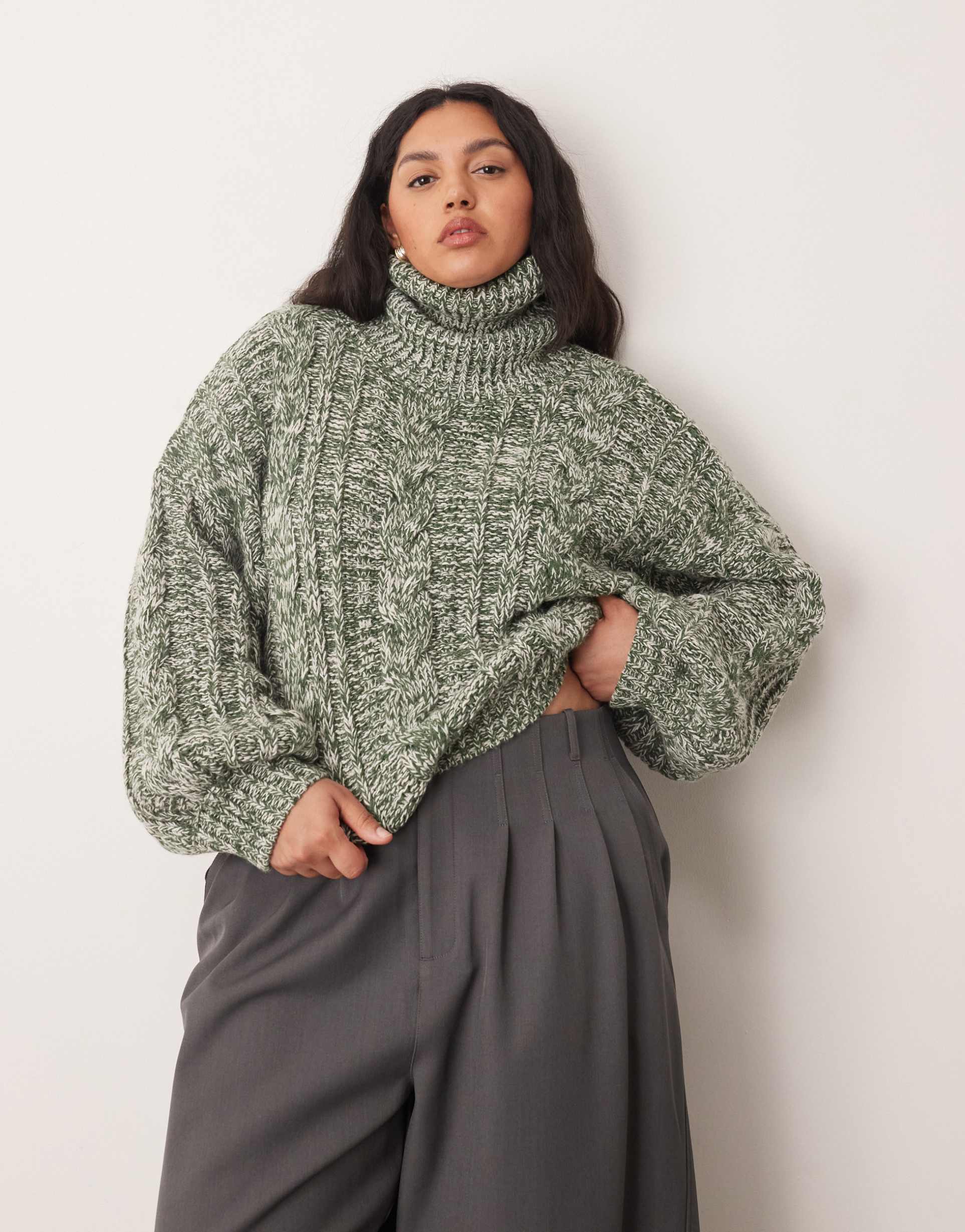arrange curve high neck twist yarn cable sweater in green and cream