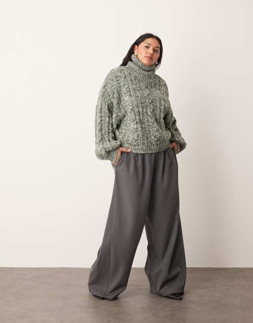 ARRANGE Curve high neck twist yarn cable sweater in green and cream, 3 of 4