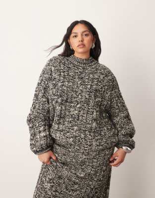 ARRANGE Curve - Hochgeschlossener Strickpullover in Schwarz-Weiß mit Zopfmuster und voluminösen Ärmeln, Kombiteil-Bunt