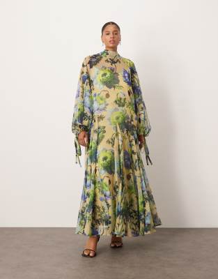 ARRANGE Curve - Hochgeschlossenes Trapez-Maxikleid mit auffälligem Blumenmuster-Bunt