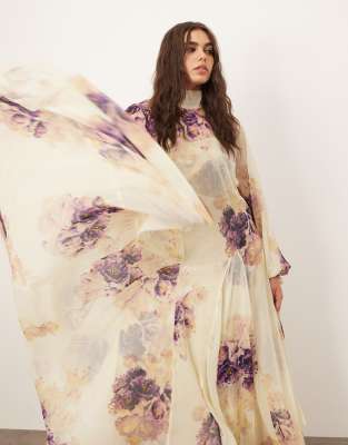 ARRANGE Curve - Hochgeschlossenes Trapez-Maxikleid mit Blumenmuster in gemalter Optik-Bunt