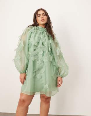 ARRANGE Curve - Hochgeschlossenes Trapez-Minikleid aus Organza in Hellgrün mit Blumenapplikation