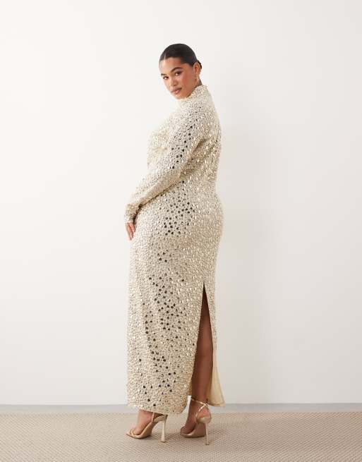 ARRANGE Curve - Hoogsluitende maxi jurk met textuur, lovertjes en lange mouwen in lichtgeel, 4 van 4