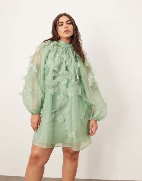ARRANGE Curve - Hoogsluitende mini jurk met A-lijn en organza bloemenapplicaties in lichtgroen - view 1