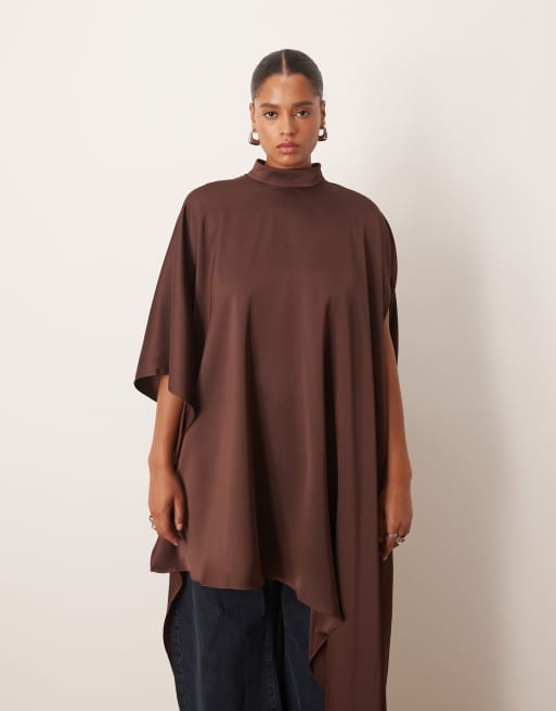 ARRANGE Curve - Hoogsluitende mini-jurk met capemouwen en asymmetrische zoom in chocoladebruin, 4 van 4