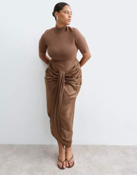 ARRANGE Curve hybrid knit bodice with draped satin skirt midaxi dress in chocolate