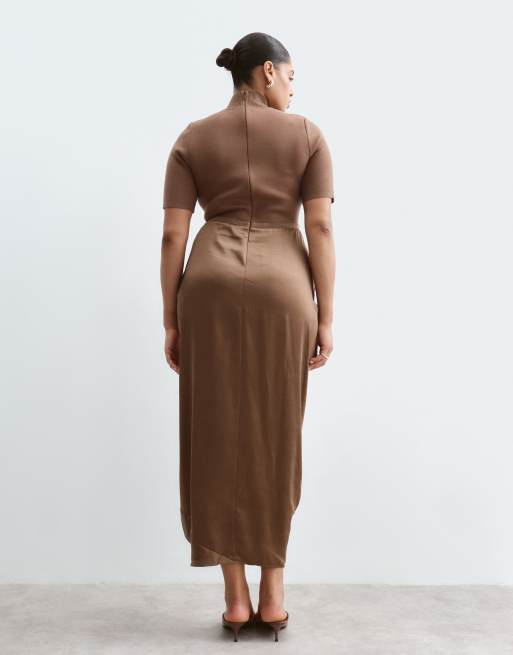ARRANGE Curve hybrid knit bodice with draped satin skirt midaxi dress in chocolate, 4 of 5