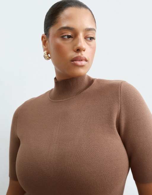 ARRANGE Curve hybrid knit bodice with draped satin skirt midaxi dress in chocolate, 5 of 5