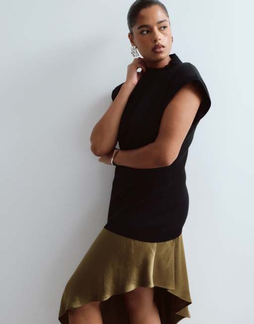 ARRANGE Curve hybrid knit maxi dress with asymmetric satin underlayer in black, 2 of 4
