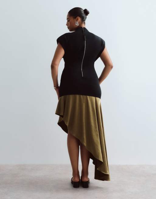 ARRANGE Curve hybrid knit maxi dress with asymmetric satin underlayer in black, 4 of 4
