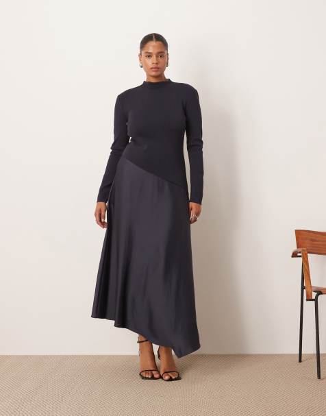 ARRANGE Curve hybrid knit midi dress with asymmetric skirt in navy - view 1