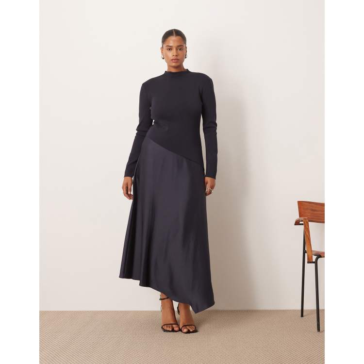 ARRANGE Curve hybrid knit midi dress with asymmetric skirt in navy
