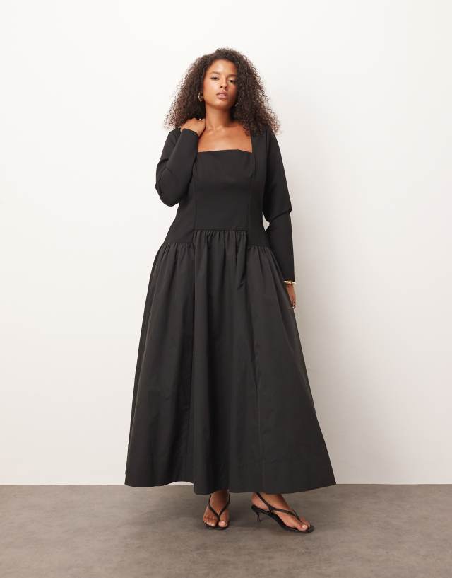 a line black dress full skirt ARRANGE - Maxi - Women - Polyester/Spandex - 26 US then flows into sleeves sheer dress Stacees Keyhole Floral Print Color:EMERALD GREEN