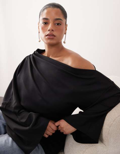 ARRANGE Curve jersey off shoulder long sleeve top with ruched hem in black - view 1
