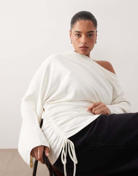 ARRANGE Curve jersey off shoulder long sleeve top with ruched hem in white - view 1