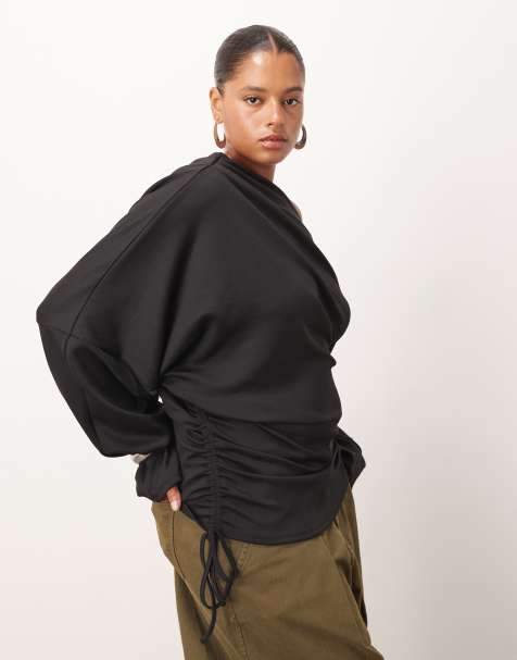 ARRANGE Curve jersey off shoulder wide sleeve top with ruched hem in black - view 1