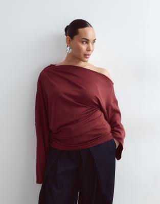 Arrange Curve Jersey Off Shoulder Wide Sleeve Top With Ruched Hem In Red